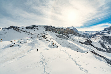 Wall Mural - Panoramic view of snowy mountains in winter