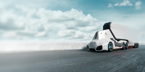 Wall Mural - Unmanned autonomous cargo transportation. An autonomous, electric, self-driving truck with a trailer moves along the road. Fast cargo delivery, transportation without drivers.