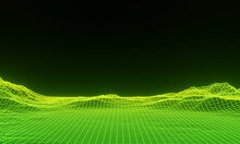 3D Abstract Grid Neon Topography. Gradient Green Mesh Terrain.