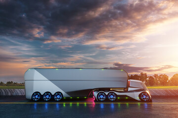 Wall Mural - Unmanned autonomous cargo transportation. An autonomous, electric, self-driving truck with a trailer moves along the road. Fast cargo delivery, transportation without drivers.