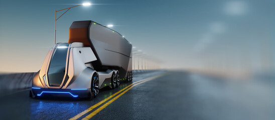 Wall Mural - Unmanned autonomous cargo transportation. An autonomous, electric, self-driving truck moves along the road. Fast cargo delivery, transportation without drivers. 3D render, 3D illustration.