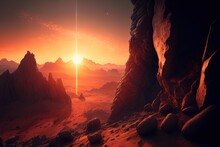 Sunset At Mars, Stunning Creative Illustration. Generative Art	