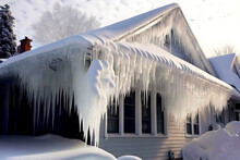 Snow-covered House And Huge White Icicle On House On Edge Of Roof