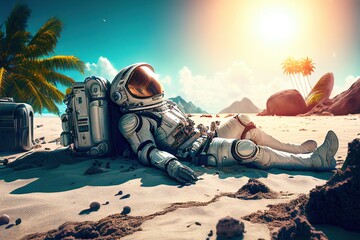 Astronaut sunbathing at the beach. Creative photorealistic illustration. Generative art