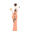 © Tiana_Art - Set of brushes for make up. Flat vector illustration of makeup artist hand holding collection of cosmetic accessory for woman face painting. Brush for eyeshadow, brows, blush