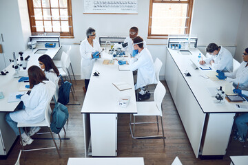 Poster - Education, science and students in lab classroom with professor and equipment for test. Technology, innovation and learning in laboratory at forensic research facility or school for future scientist.