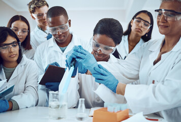 Wall Mural - scientist, teacher or learning students and dropper in healthcare study, medical research or future 