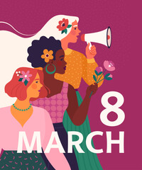 Wall Mural - 8 March greeting card concept. Vector cartoon illustration for International Women's Day in a modern flat style of three diverse women in profile. Isolated on bright magenta background