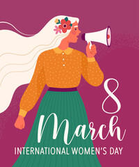 Wall Mural - 8 March greeting card concept. Vector cartoon illustration for International Women's Day in a flat style of standing in profile and protesting young woman with long hair. Isolated on background