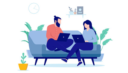 Poster - Couple working from home - Man and woman sitting in couch with laptop in lap doing remote work together. Flat design vector illustration with white background