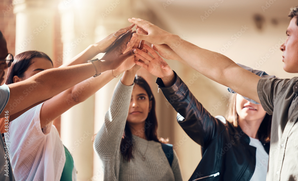 Team Building Handshake Support, team building and hands of students at college with ...