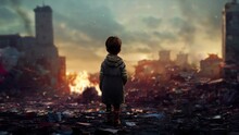 Desperate Poor Afraid Child Standing In The Middle Of War Zone Deserted Demolished City Buildings Burning In The Background 3D Illustration