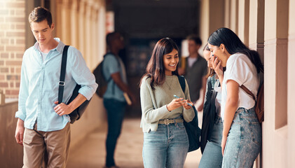 Canvas Print - University, hallway and group of students with phone laughing at social media, internet and online meme. Education, communication and friends at academy, college and campus networking on smartphone