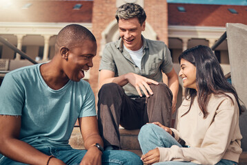 Canvas Print - University, students and diversity friends laughing at campus building outdoor in break, happiness and fun together for education, studying and learning. Happy group of young people relax at college