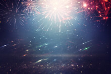 Abstract Black, Red And Blue Glitter Background With Fireworks. Christmas Eve, 4th Of July Holiday Concept