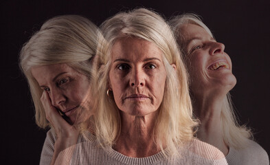 senior woman, bipolar or mental health for depression, psychology or mood swings. mature female, dep