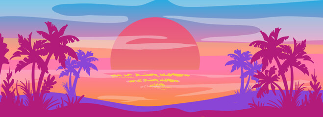 Wall Mural - Cartoon flat panoramic landscape, sunset with the palms on colourful background. Vector illustration.