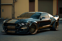Black Ford Mustang With Racing Stickers In A Empty Street, Sports Car, Fictional Car Made With Generative Ai