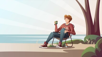 Wall Mural - camper sitting on a tourist chair with cup of tea in nature. camping, traveling, camper, nature, jou