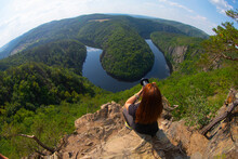 Panoramic view of Maj lookout at river Vltava, canyon with forest around. Vltava river, Czech republic. Beautiful landscape with river near to Prague.