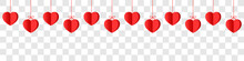 Hanging Hearts Garland.Red 3d Paper Hearts .Set Of Simple Hearts.Valentine's Day Seamless Pattern. Hearts Garland Isolated On A Transparent Background. Valentine's Day Decoration.