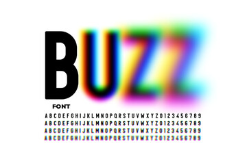 Wall Mural - Buzz font, blurry style alphabet, letters and numbers vector illustration