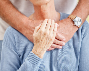 Canvas Print - Senior couple, holding hands and support close up for trust, care and retirement wellness together. Elderly man, woman and counseling gratitude, safety and relax quality time bonding in nursing home