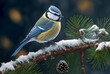 Bluetit sitting on a snowy pine branch in the forest