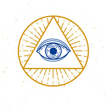 All Seeing Eye Of God In Sacred Geometry Triangle, Masonry And Illuminati Symbol, Vector Logo Or Emblem Design .