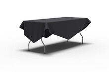 Black Tapered Table Cloth Draped Over A Folding Trestle Table. Perspective View, 3d Render Illustration.