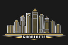 Vector Illustration Of Charlotte, Dark Poster With Simple Linear Design Famous Charlotte City Scape On Dusk Sky Background, American Urban Line Art Concept With Decorative Lettering For Text Charlotte