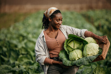 Portrait of a dedicated black woman holding a crate full of fresh cabbage in her hands on the farm outdoors.