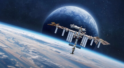 Leinwandbilder - International Space station on orbit of Earth. Space wallpaper with ISS and planet surface. Astronauts in space. Elements of this image furnished by NASA