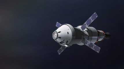 Poster - Orion spaceship mission. Flight to Moon. Artemis program spacecraft. Shuttle with astronauts in deep space. Elements of this image furnished by NASA