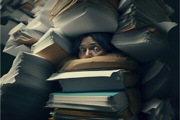Drowning in  paperwork concept, with person trapped between stacks of paper, Ai generative illustration