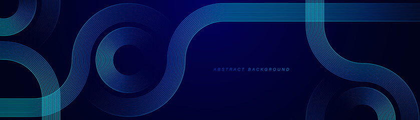 Wall Mural - Abstract glowing circle lines on dark blue background. Geometric stripe line art design. Modern shiny blue lines. Futuristic technology concept. Horizontal banner template. Vector illustration