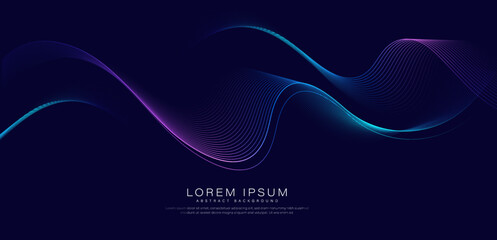 Modern abstract pink blue gradient flowing wave lines on dark background. Glowing lines. Shiny moving lines design. Futuristic banner template. Suit for poster, banner, cover, website, flyer