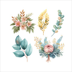 Poster - Watercolor floral bouquet set - blush pink blue yellow flower green leaf leaves branches bouquets collection. Decorative elements template. Flat cartoon illustration isolated on white bac