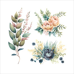 Sticker - Watercolor floral bouquet - blush pink blue yellow flower green leaf leaves branches bouquets collection. Decorative elements template. Flat cartoon illustration isolated on white bac