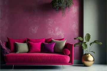 Living room in trend viva magenta color 2023 year. A bright sofa accent. Plaster microcement wall background. Crimson, burgundy, tones of room interior design