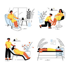 Canvas Print - Spa salon concept set in flat line design. Men and women relaxing and receive massage, facial and body skin care treatments in beauty salon. Illustration with outline colorful web scenes