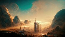 Fantasy Science Fiction City. Fictional Abstract Realm. Futuristic Concept Art, Colorful Artistic Landscape ,made With Generative AI