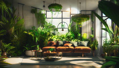 Wall Mural - Beautiful living room interior with plants, Generative AI