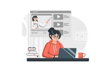 Online education concept in flat design. Student studying remotely and listening to teacher video lecture. Woman is watching webinar using laptop. Illustration with people scene for web