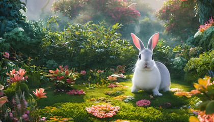 Cute bunny, rabbit in beautiful landscape, Generative AI