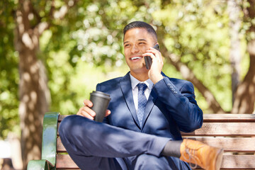 Aufkleber - Businessman, phone call and coffee talking on bench outdoor in morning for online conversation, virtual meeting or relax happy on corporate break. Man, sitting on bench and speaking on mobile in park