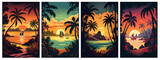 Fototapeta Zachód słońca - Set of caribbean landscape at sunset vector illustration