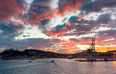 Sticker - the harbor entrance and old town of Ancona on the Adriatic Sea at sunrise