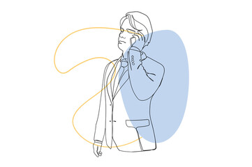 Businessman calling phone to client continuous line drawing concept. Young man in suit talking by smartphone. Manager consulting and working. Illustration in outline hand drawn design for web