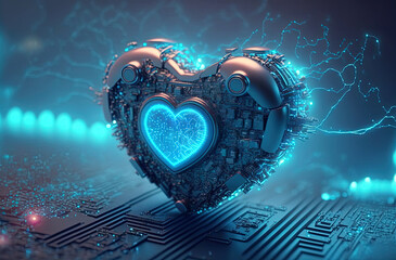 Canvas Print - Blue heart shaped as computer circuit board. Postproducted generative AI digital illustration.
